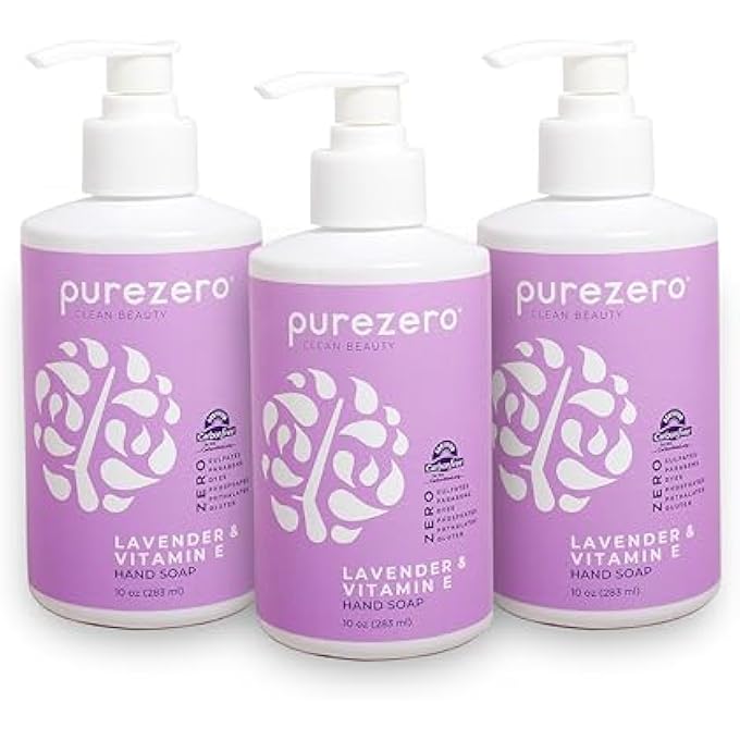 Purezero LAVENDER & VITAMIN E HAND SOAP SOOTHING & HYDRATING, PARABEN-FREE & VEGAN LIQUID HAND WASH FOR BATHROOM OR KITCHEN, USA-MADE, CRUELTY-FREE, 10 OUNCES (3 PACK) - Image 1